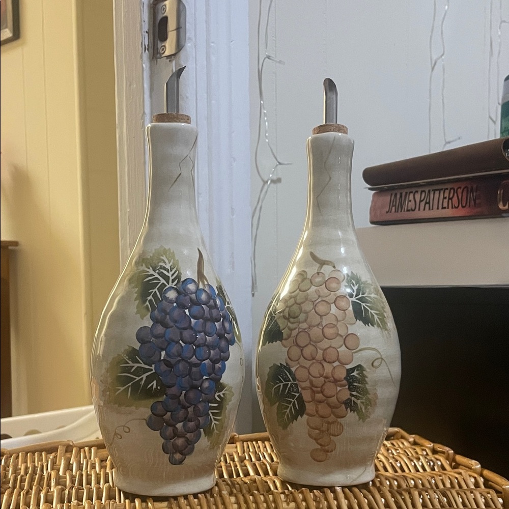 Bordeaux Hand-Painted Ceramic Oil Bottles with Blue and Cream Grape Motifs